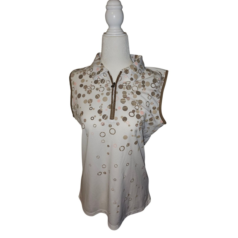 Izod Women's Tennis Golf Shirt White With Dots Size Large 1/4 Zip Sleeveless